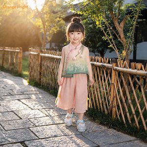 小女孩夏季装新中式花朵立体花朵薄款两件套2026新款国风短袖套装