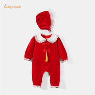 新生男女宝宝过年连体衣新中式风周岁满月婴幼儿外出哈衣拜年衣服