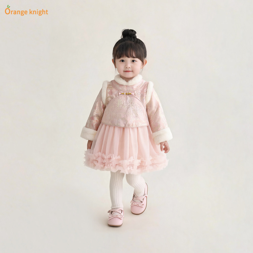 小女孩新中式冬季新款连衣裙可爱儿童加绒加厚生日礼服粉色公主裙