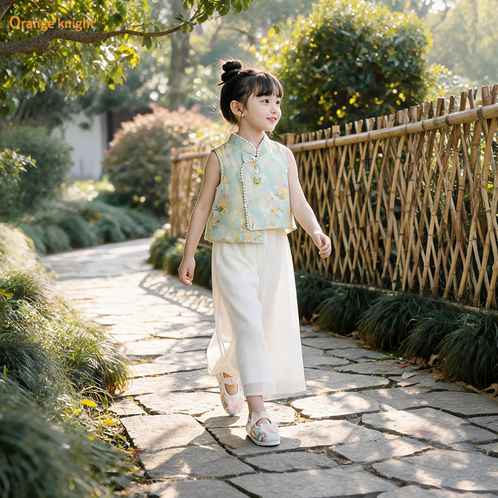 夏季女童古风两件套新中式薄款国风旗袍无袖背心中式上衣汉服套装