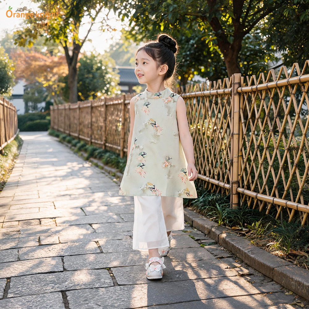 新中式夏季装两件套女孩薄款国风儿童甜美无袖上衣民国风日常套装
