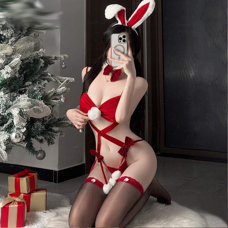 圣诞战袍丝绒性感三点式兔女郎