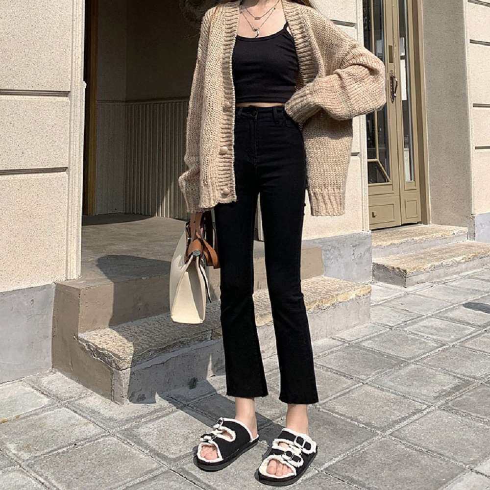 145矮小个子七分微喇黑色显瘦牛仔裤女春装搭配八分直筒喇叭裤150