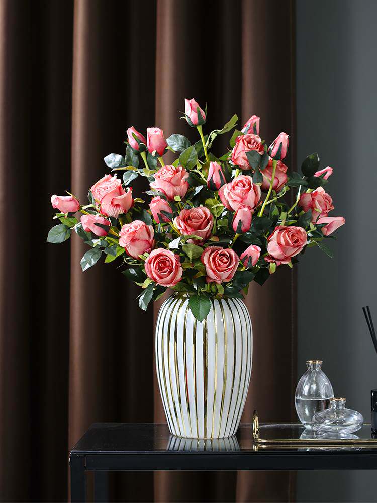高档轻奢玫瑰花仿真花艺客厅摆件装饰干花花束电视柜餐桌假花插花