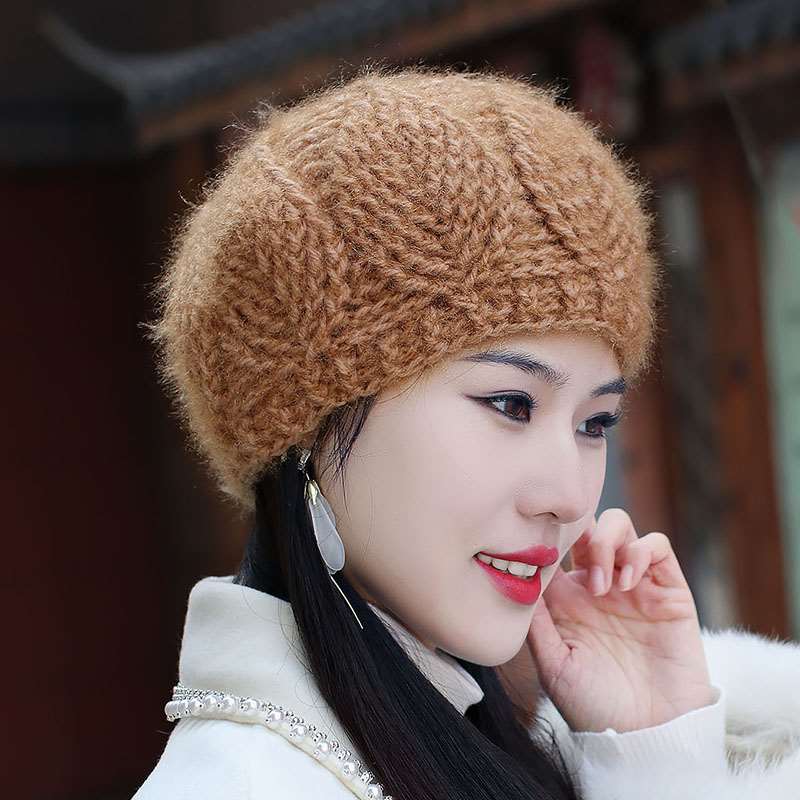 复古毛线帽钩花帽子秋冬女士针织贝雷帽保暖护耳帽时尚气质蓓蕾帽