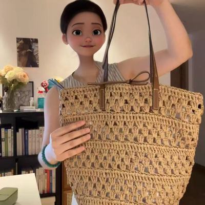 懒惰风拉菲草编包女2025新款夏季大容量手工编织包海边度假沙滩包