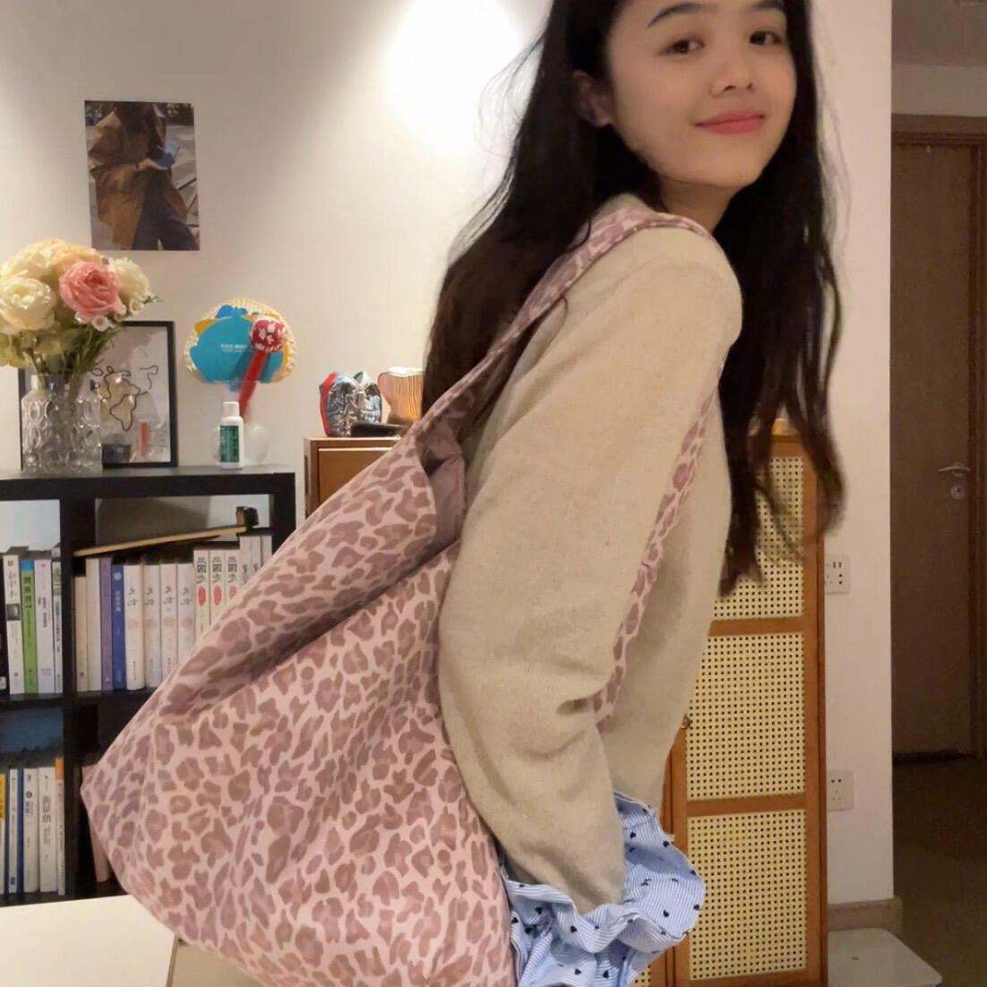 樱花粉豹纹秋冬包包女2025新款韩系小众大容量ins托特包单肩包