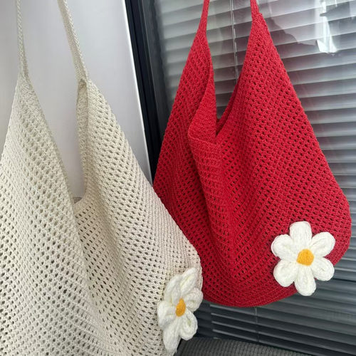 夏季大容量红色编织包女休闲度假沙滩包针织包腋下托特包草编包包
