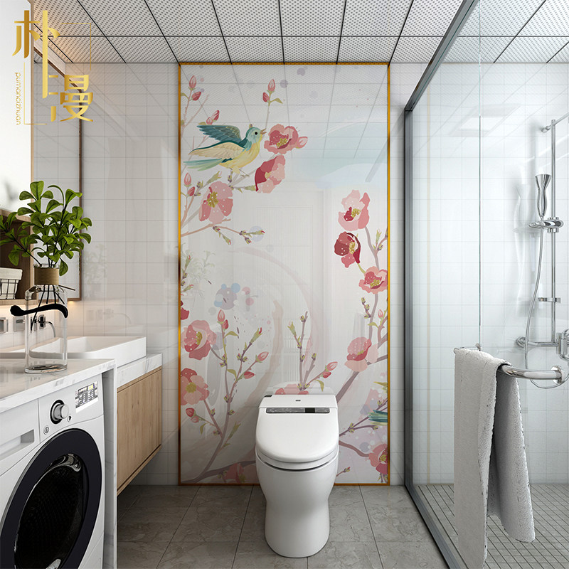 中古风桃花开卫生间瓷砖背景墙中式浴室墙砖图案玄关岩板鸟语花开