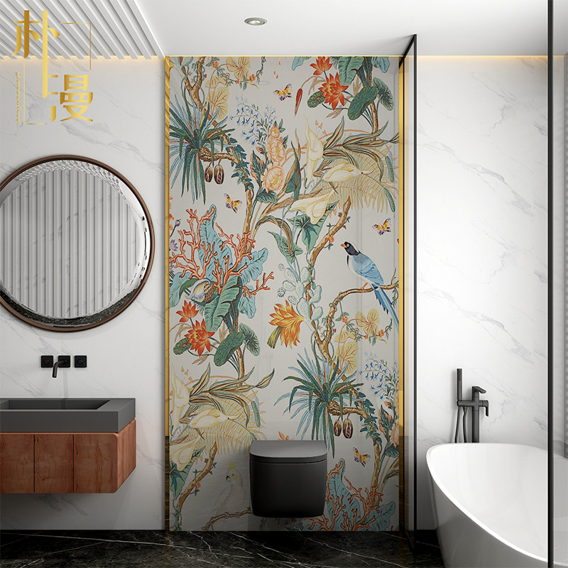 中古风卫生间瓷砖复古浴室墙砖个性餐厅洗手间岩板背景墙花鸟图案