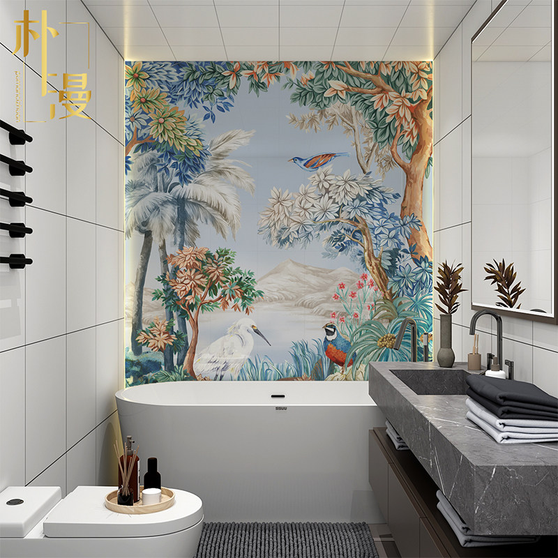 中古风卫生间瓷砖复古浴室墙砖个性餐厅洗手间岩板背景墙花鸟图案