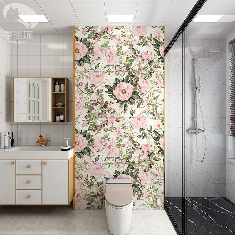 轻奢淋浴房花砖瓷砖卫生间浴室马桶岩板背景墙阳台墙砖玫瑰花图案