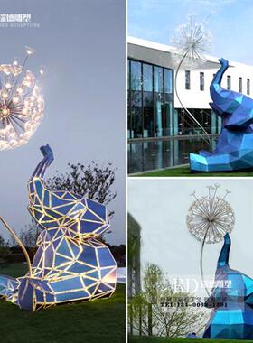 不锈钢几何切面象雕塑定制房地产块面熊动物网红打卡大象发光摆件