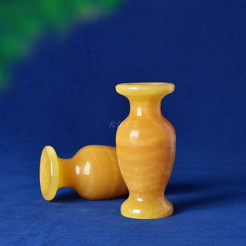 天然米黄玉花瓶精品玉石黄色小花瓶桌面摆件简约大气居家装饰