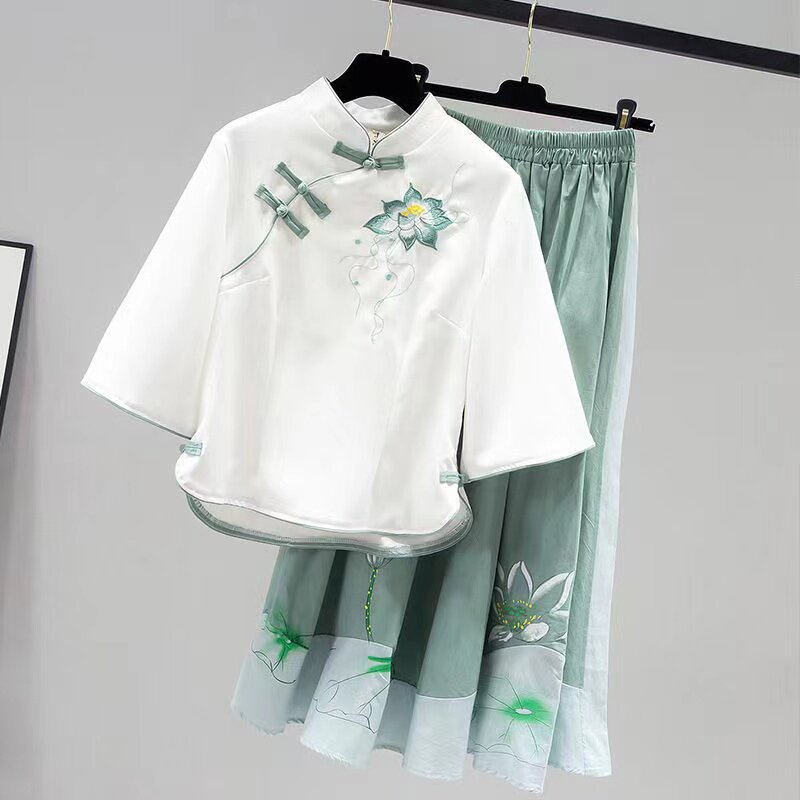 2026新款改良汉服大中国风两件套演出服宽松旗袍立领连衣裙套装女