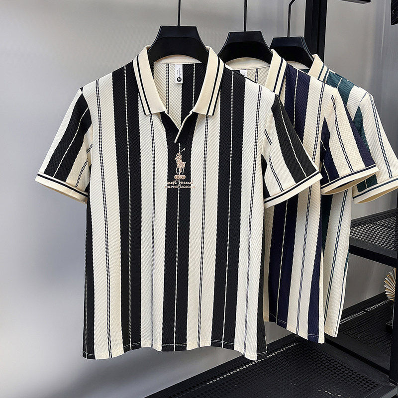 短袖T恤男士夏季撞色v领马标刺绣2026新款商务休闲保罗条纹POLO衫
