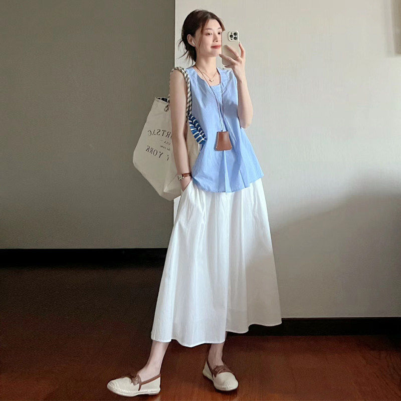 韩系温柔风休闲 套装女夏季甜美蓝色无袖背心上衣高腰半身裙两件