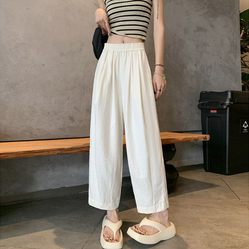 白色冰丝九分裤子女夏季薄款高腰防蚊防晒宽松工装哈伦罗卜运动裤