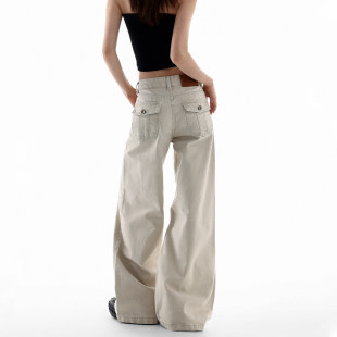 美式复古浅色阔腿牛仔裤女2026春季新款低腰宽松显瘦杏色直筒裤子