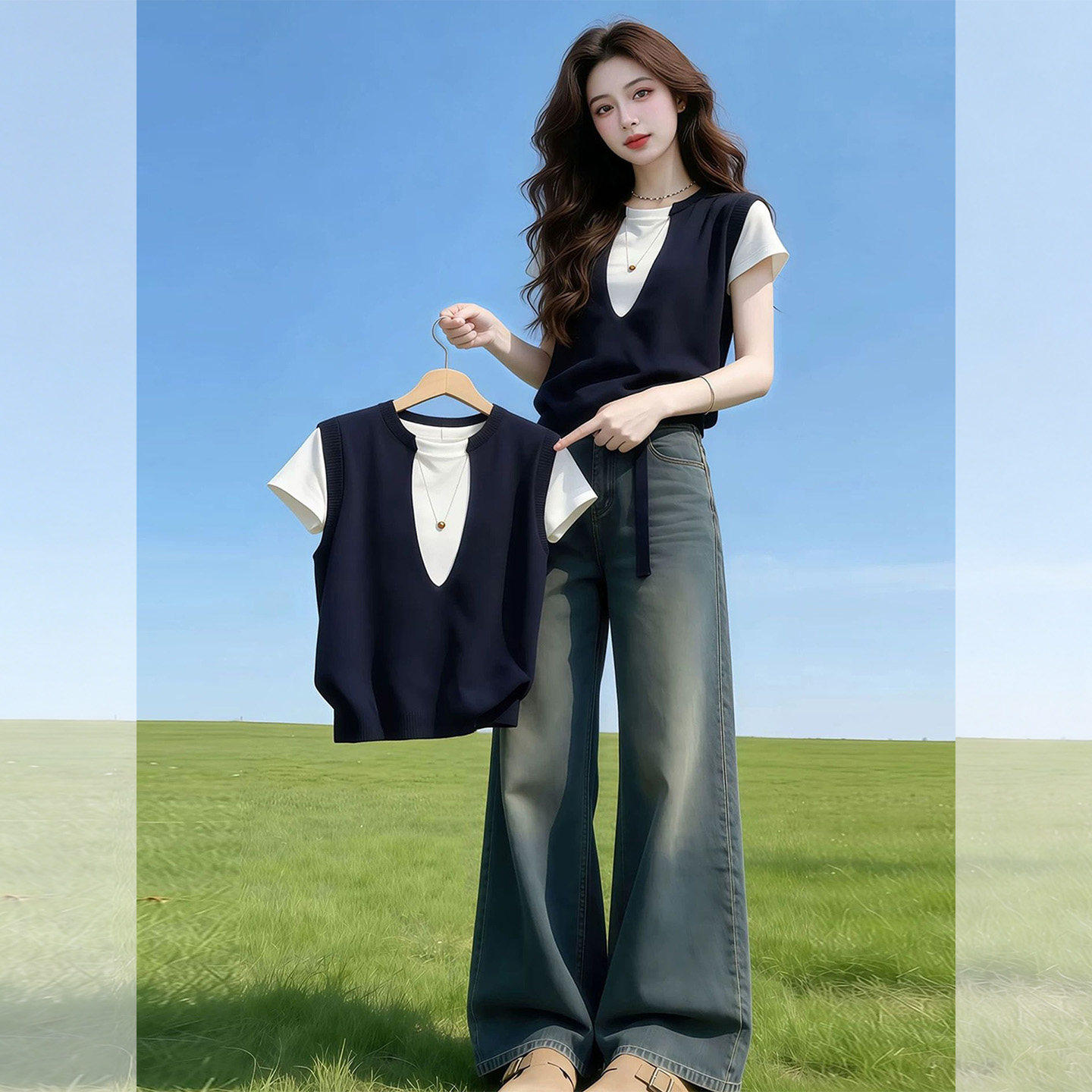 韩系休闲白色短袖针织衫v领马甲叠穿两件套女2026初夏新款t恤套装