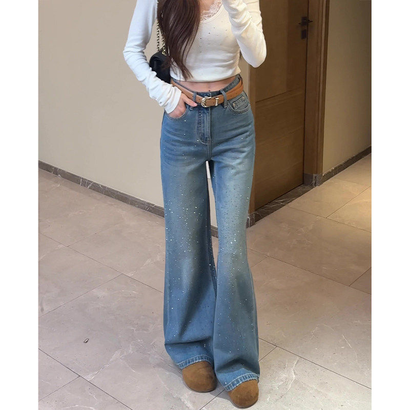 蓝色烫钻阔腿牛仔裤女春季2026年新款今年流行爆款垂感直筒微喇裤