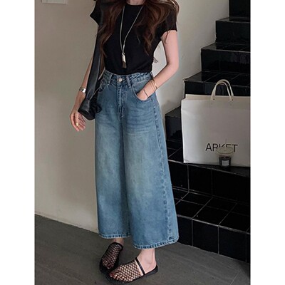 蓝色高腰直筒牛仔裤女夏