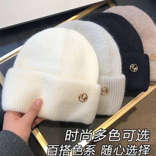 新款 字母m标毛线帽女秋冬韩版百搭加厚保暖帽护耳兔毛针织帽帽子