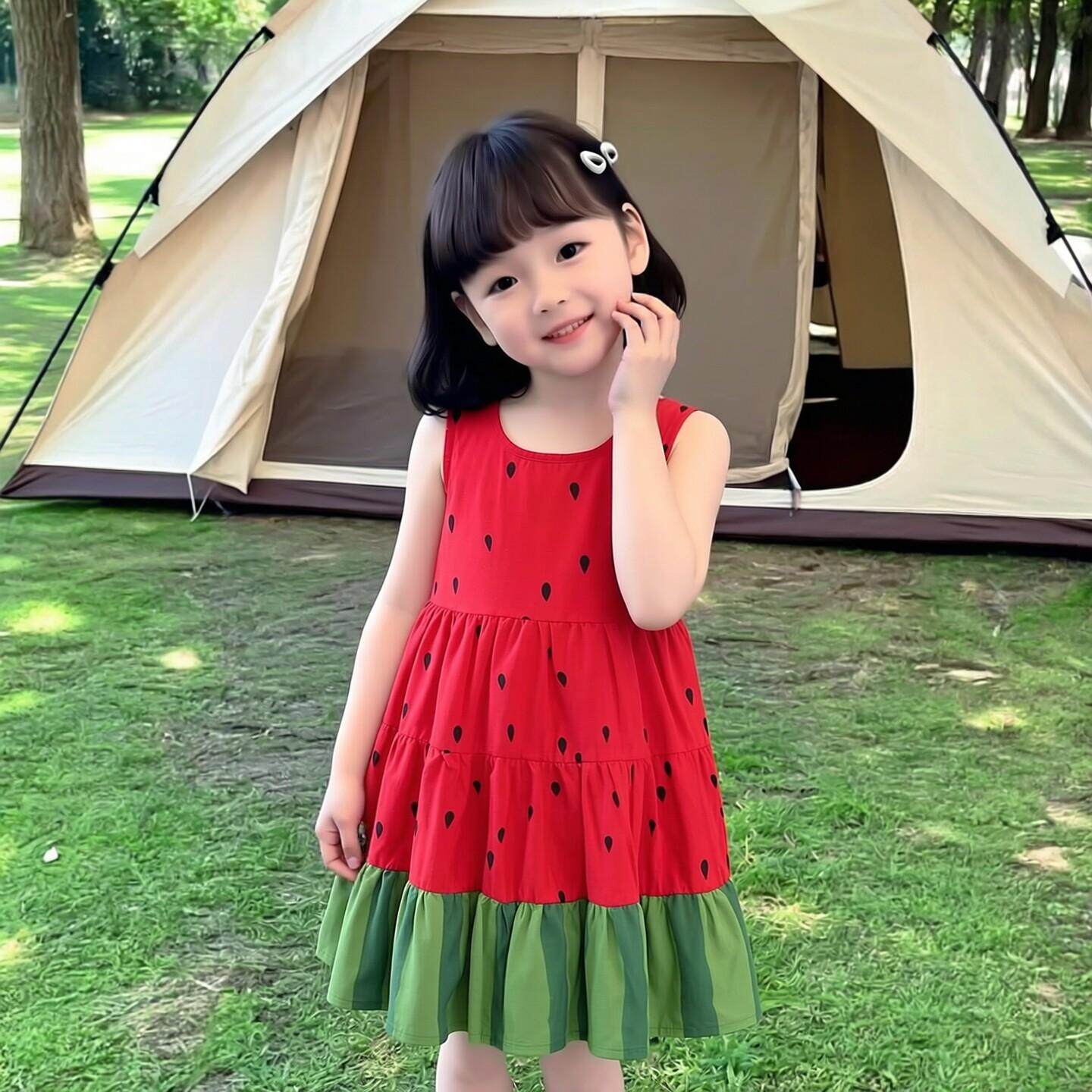 女童纯棉连衣裙夏装新款吊带西瓜裙子儿童印花拼接洋气可爱宝宝裙