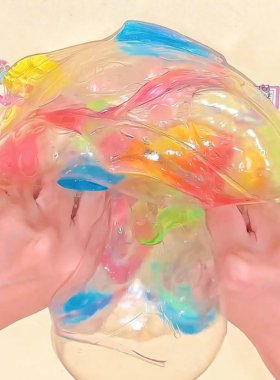 新品彩虹假水起泡胶巨筋透明厚实泡泡奶大桶史莱姆解压玩具高颜值