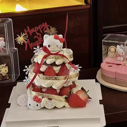 庆祝新年跨年红色HelloKitty草莓塔生日蛋糕装饰kt猫插件摆件