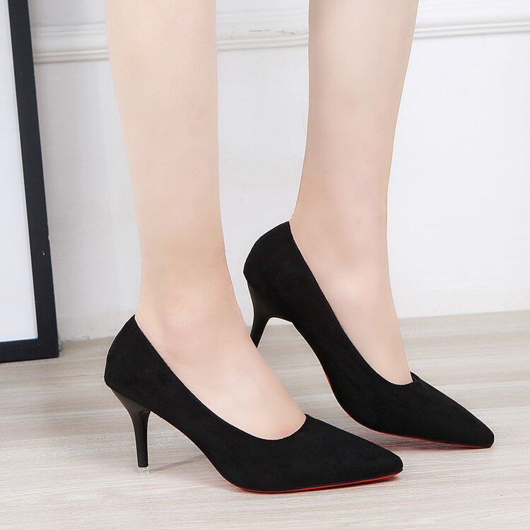 大学生礼仪高跟鞋女细跟黑色职业工作鞋百搭正装性感红底绒面单鞋
