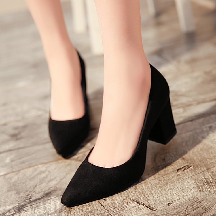 绒面浅口黑色中跟夏季工作鞋