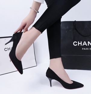 绒面高跟鞋 百搭优雅气质少女单鞋 职业工作鞋 7cm 细跟黑色中跟鞋