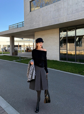 NEVA HU 迷失里尔 复古羊毛呢子半身裙女格蕾系气质压褶a字半裙