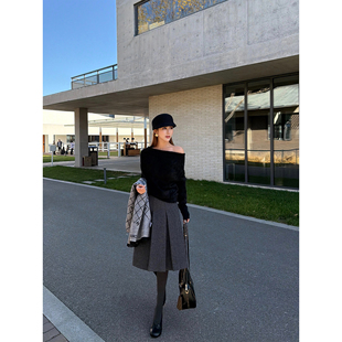 NEVA HU 迷失里尔 复古羊毛呢子半身裙女格蕾系气质压褶a字半裙