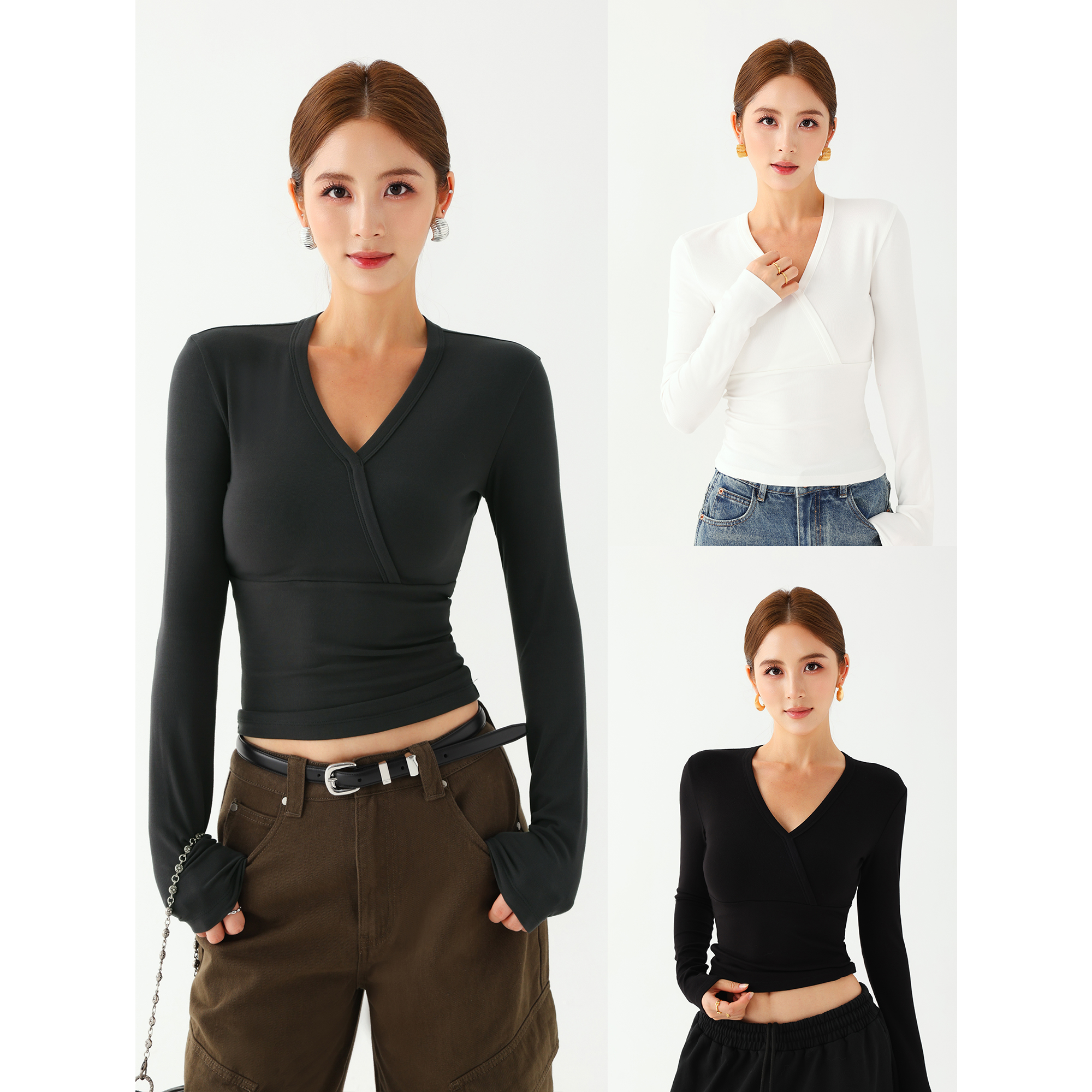 v领长袖t恤女针织衫内搭打底衫