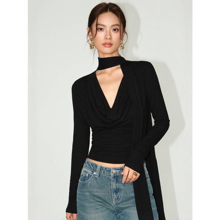 NEVA HU 黑色深V领上衣女荡领设计感春秋修身显瘦飘带针织打底衫