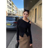 NEVA 女气质收腰斜肩上衣 设计感不对称露肩针织衫 高格调日常