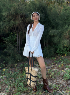 NEVA HU 白色法式衬衫连衣裙短款设计感收腰显瘦长袖小个子短裙女