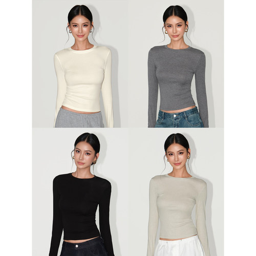 NEVA HU 半糖摩卡 白色圆领长袖t恤女修身内搭显瘦针织打底衫上衣