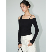 现货7折 一字肩针织衫 NEVA 女小众露锁骨假两件打底衫 上衣