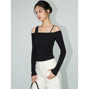 女小众露锁骨假两件打底衫 NEVA 一字肩针织衫 现货7折 上衣