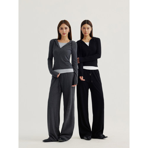 NEVA HU 假两件连帽开衫针织上衣女休闲裤垂感长裤运动休闲风套装