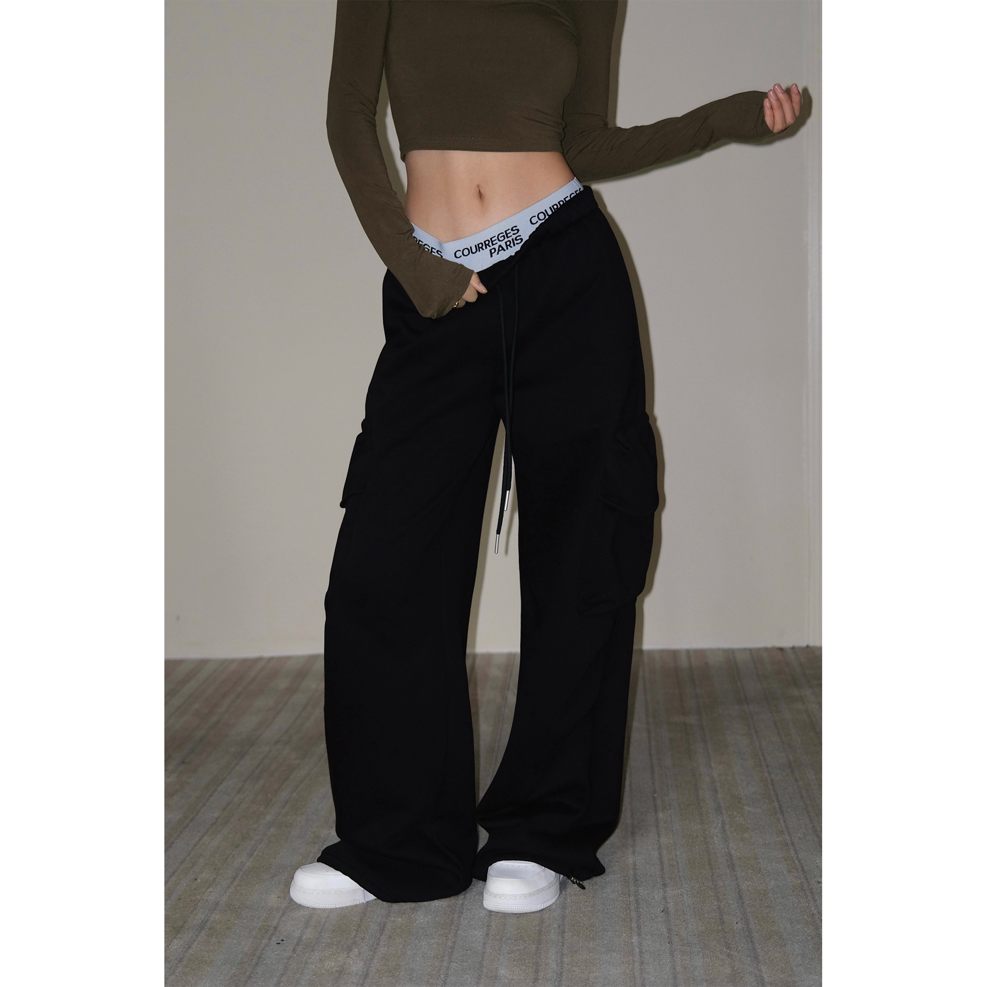 设计感拼接高腰宽松直筒卫裤