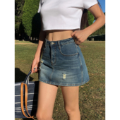 NEVA 蓝色牛仔半身裙女复古破洞辣妹短裙高腰防走光a字包臀裙