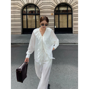 荷叶边v领绑带宽松衬衫 现货7.5折 女 阔腿休闲裤 NEVA 套装