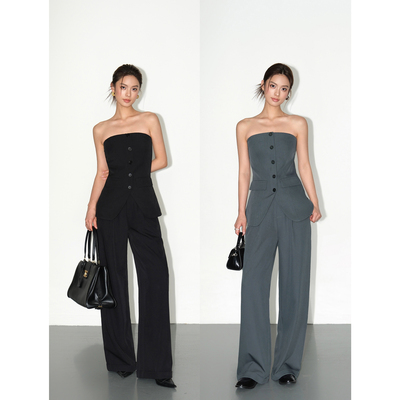 NEVA HU 黑色西装抹胸背心女高级感通勤气质无袖外穿露肩辣妹上衣