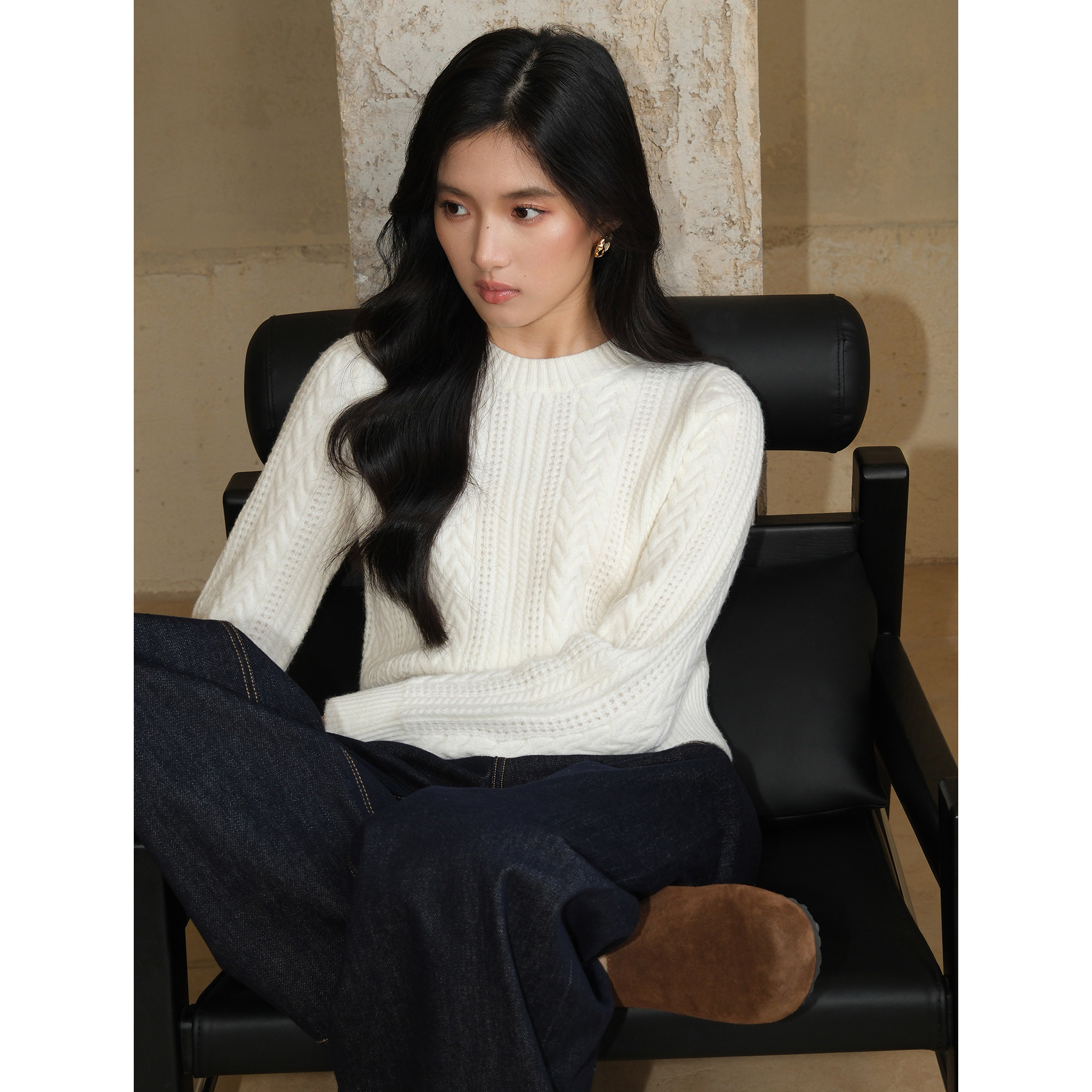 NEVA HU【现货7折】短款麻花套头毛衣女新款小众显瘦长袖针织上衣