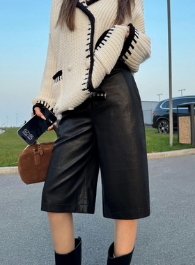 NEVA HU【现货7.5折】随性vibe 五分直筒pu皮裤女宽松阔腿休闲裤