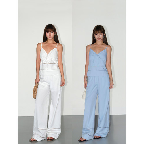 NEVA HU 花边镂空v领吊带背心女阔腿休闲裤宽松直筒裤子两件套装